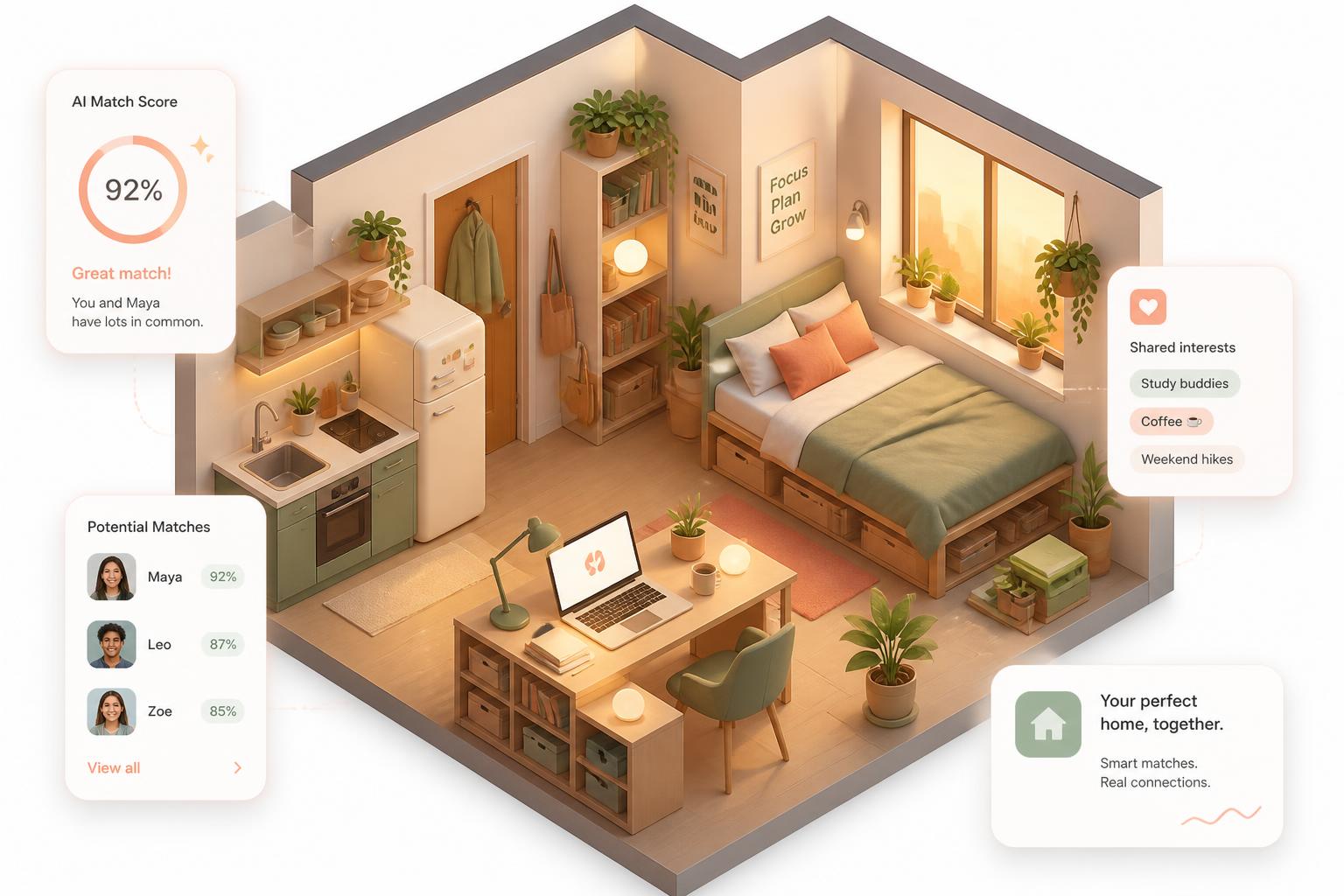 Cozy modern student apartment with AI match cards